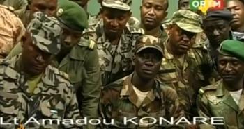 Malian soldiers on television announcing the overthrow of President Toumani