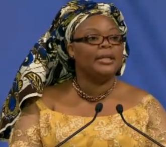 Nobel Peace Prize Winner Leymah Roberta Gbowee delivering her lecture in Oslo on December 10, 2011.