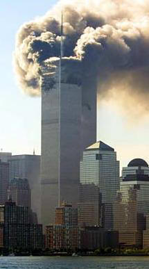 One of the twin towers on fire on September 11, 2001.