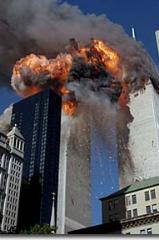 The iconic twin towers in flames